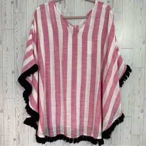 Mud Pie One Size Fits Most Pink and White Striped Poncho Coverup w/Black Fringe